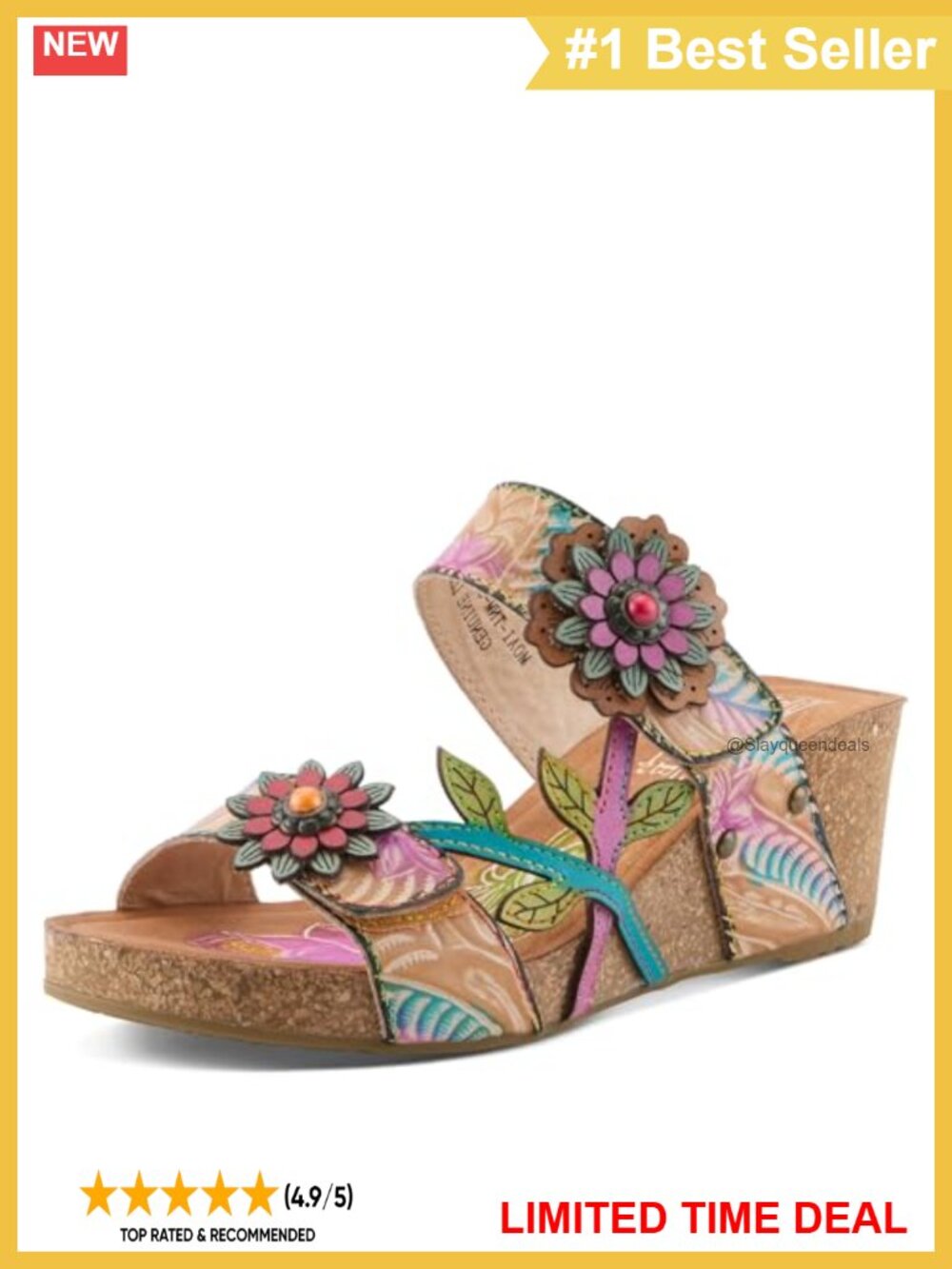 Leather Slide Sandal Hand-Painted Floral Adjustable Comfort Summer